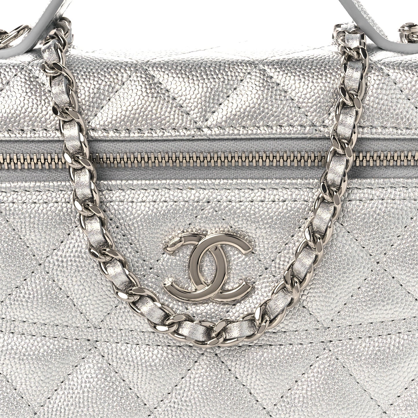 Metallic Caviar Quilted Trendy Handle Slim Vanity Silver