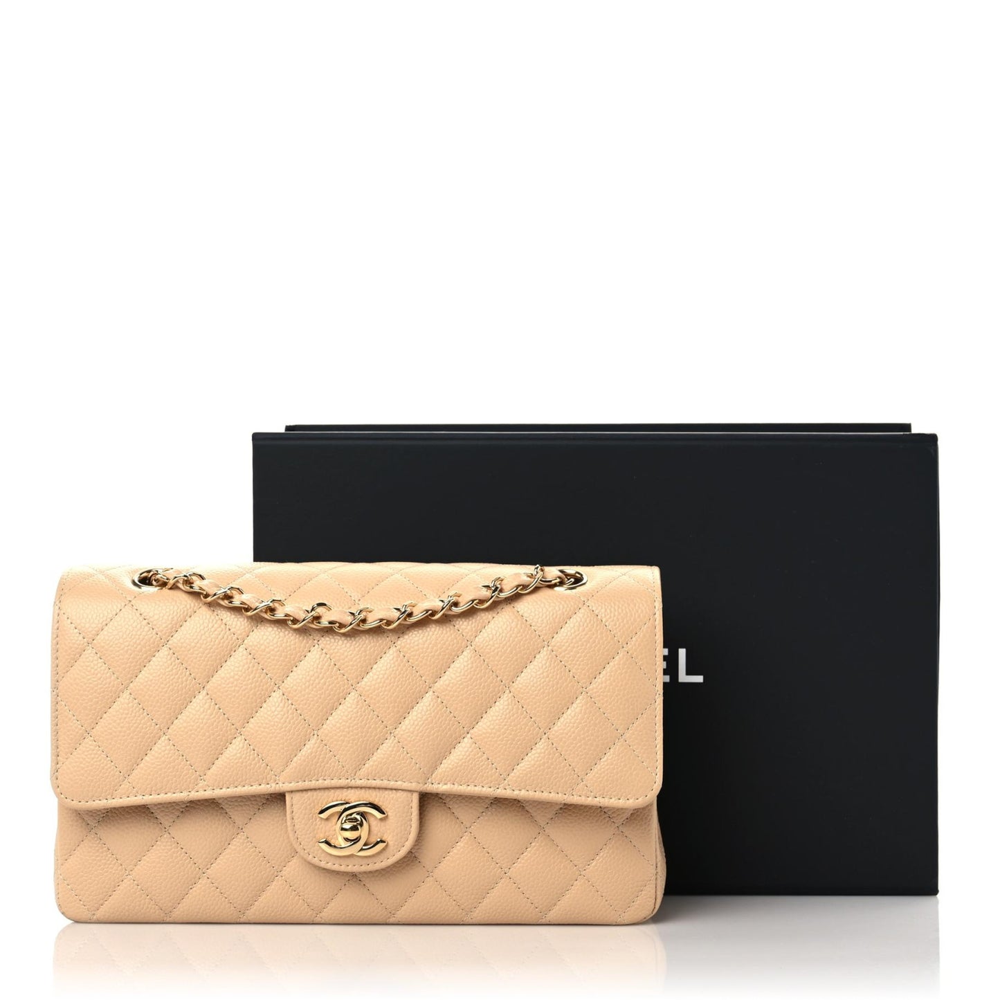 Caviar Quilted Medium Double Flap Beige