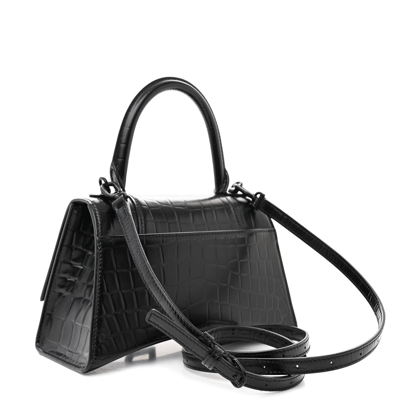Shiny Calfskin Monochrome Crocodile Embossed Small Hourglass Top Handle Bag Black