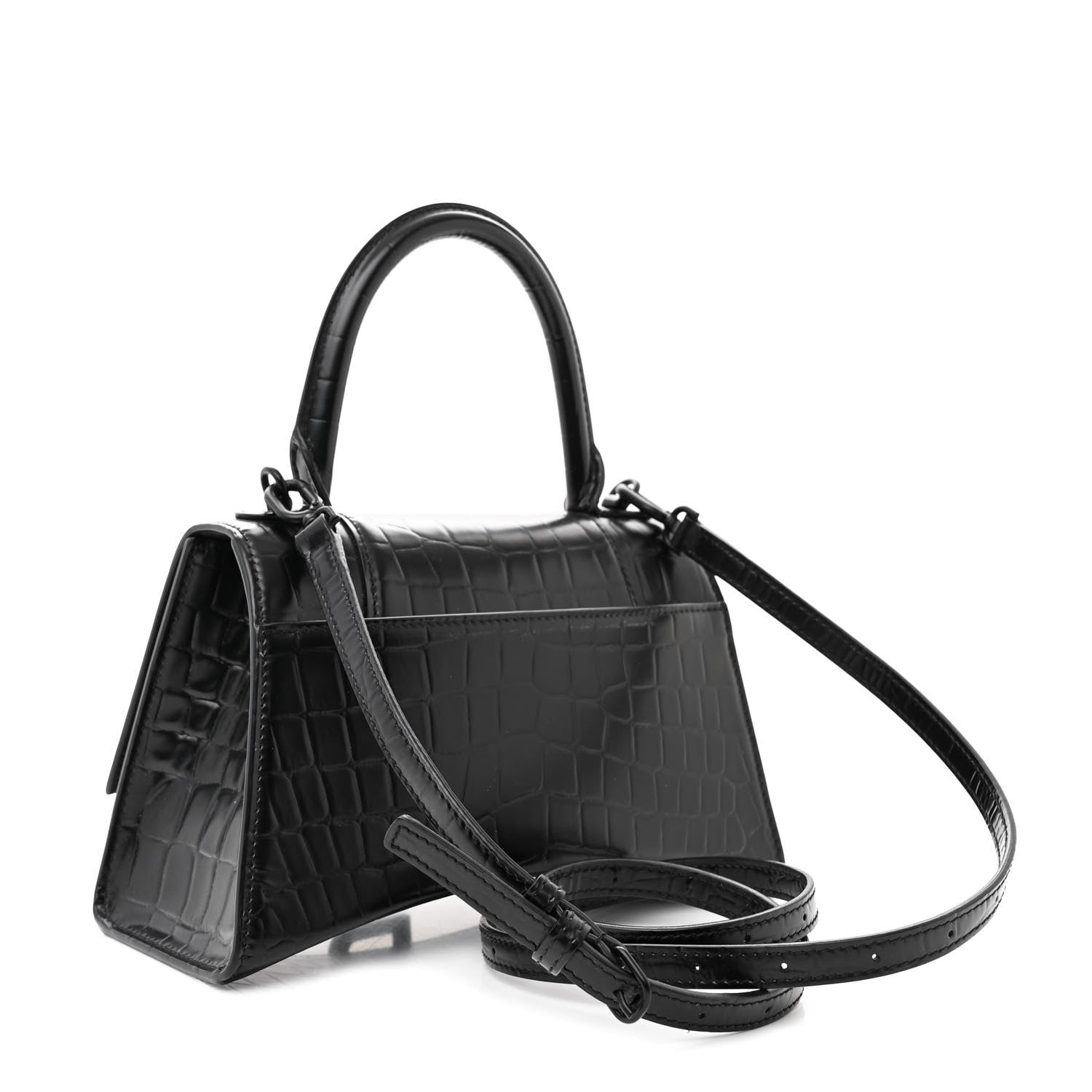 Balenciaga Shiny Calfskin Monochrome Crocodile Embossed Small Hourglass Top Handle Bag Black 3 of 11
