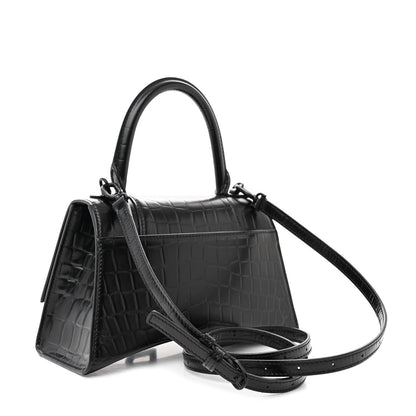 Balenciaga Shiny Calfskin Monochrome Crocodile Embossed Small Hourglass Top Handle Bag Black 3 of 11