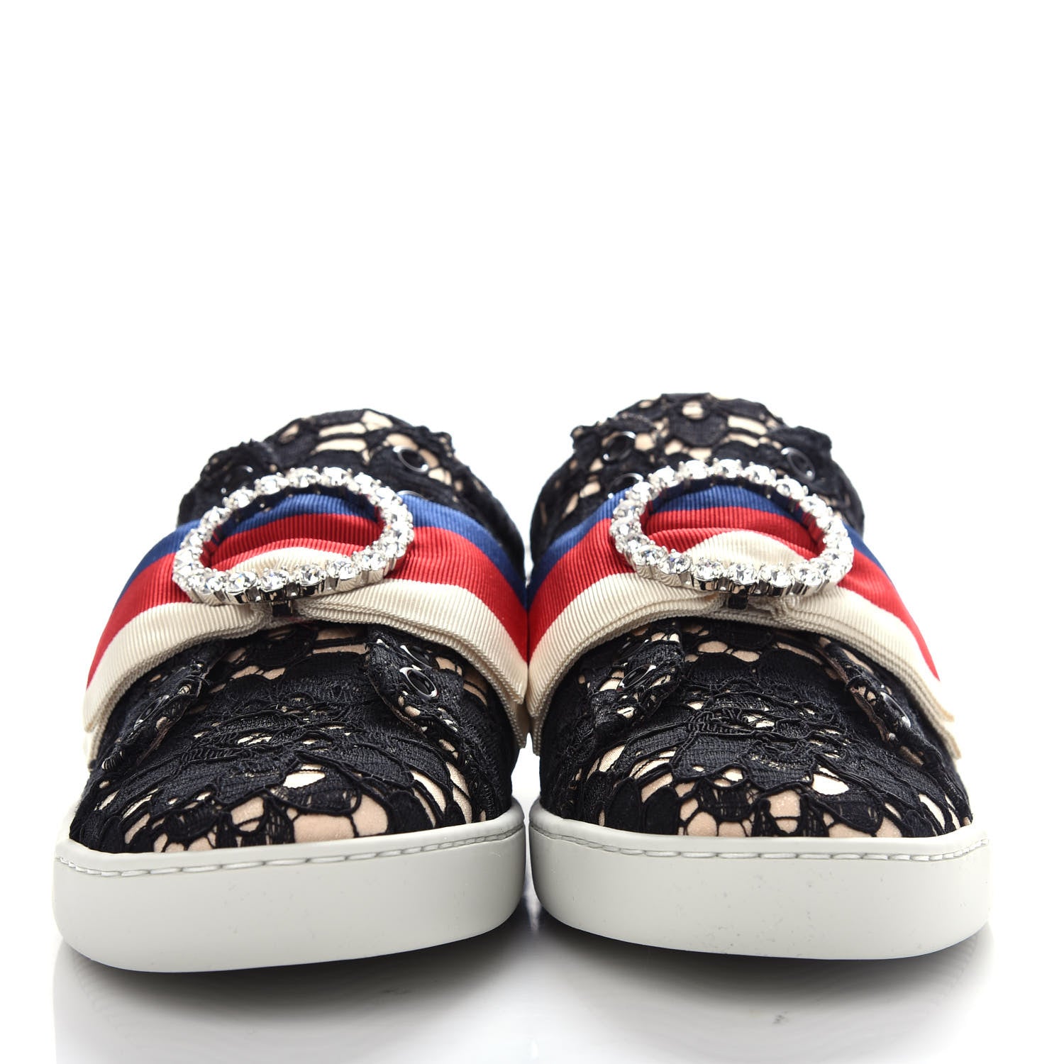 Gucci Lace Crystal Sylvie Web Flower Leaf Womens Ace Sneakers 35.5 Black Tan Beige 2 of 11