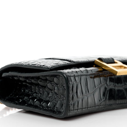 Balenciaga Shiny Calfskin Crocodile Embossed Hourglass Chain Bag Black 9 of 11