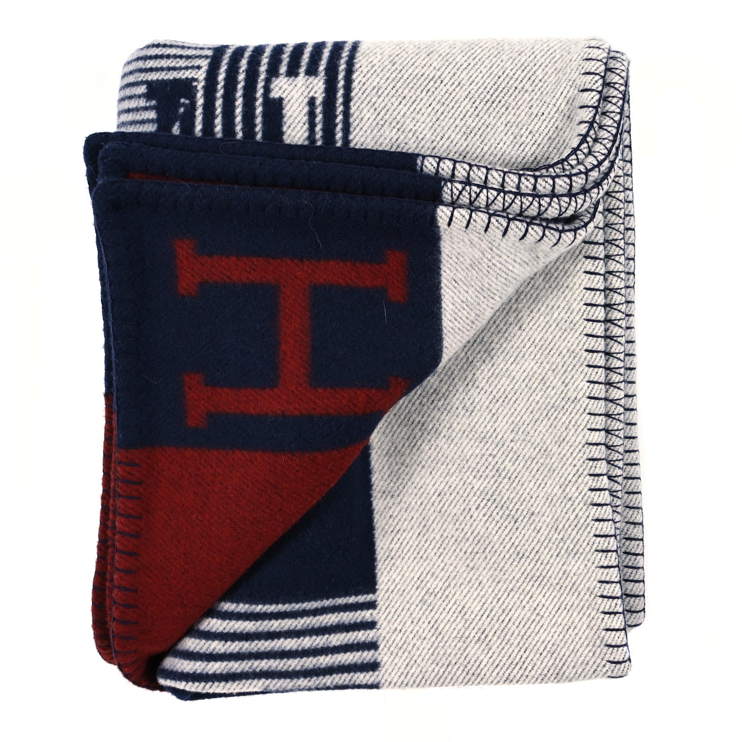 Hermes Wool Cashmere Echecs Et Trames Blanket Rouge H Marine 2 of 3