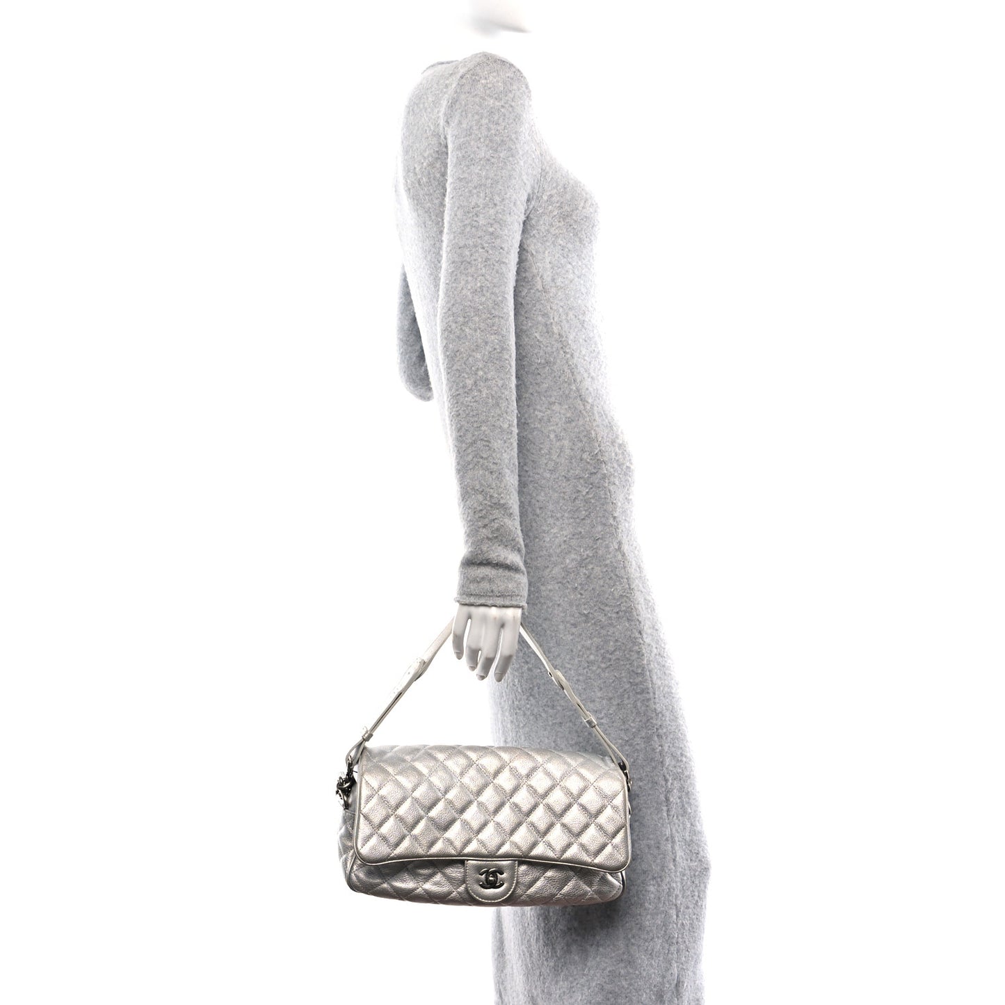 Metallic Calfskin Quilted Medium Casual Rock Flap Silver