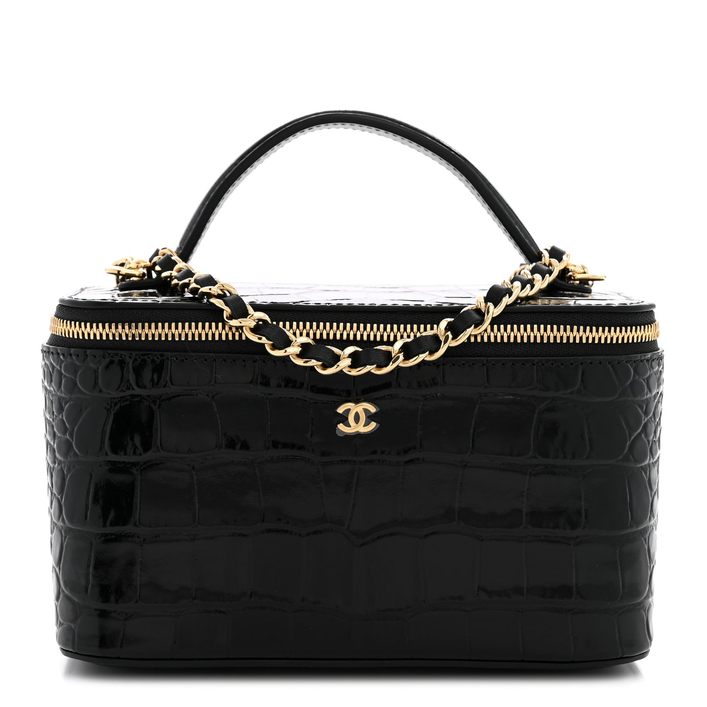 Calfskin Crocodile Embossed Crococo Small Top Handle Vanity Case With Chain Black