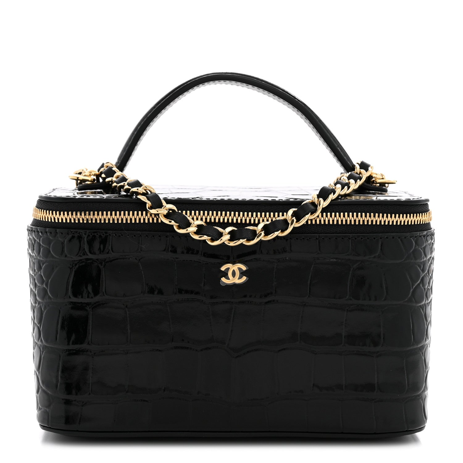Chanel Calfskin Crocodile Embossed Crococo Small Top Handle Vanity Case With Chain Black 1 of 11
