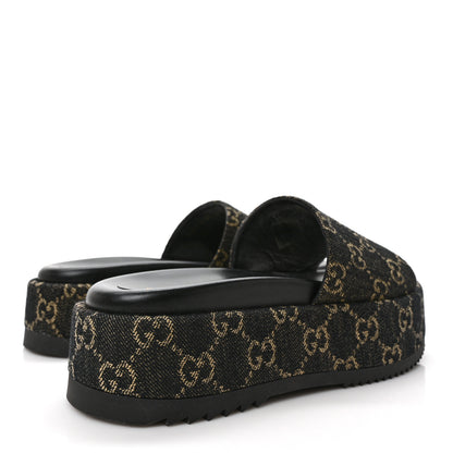 Gucci Jacquard Black Denim GG Monogram Angelina Platform 55mm Slide Sandals 38 Black Ivory 4 of 9