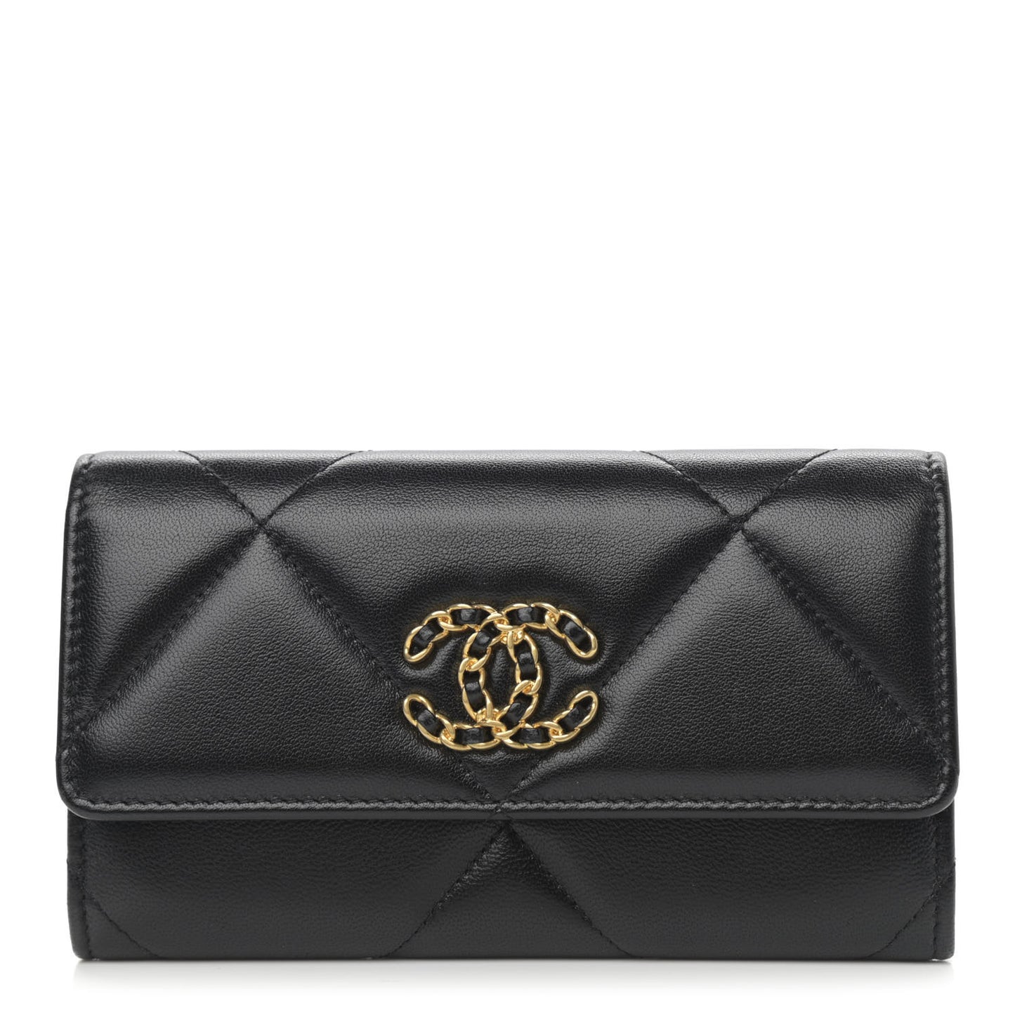 Shiny Goatskin Quilted Chanel 19 Flap Wallet Black