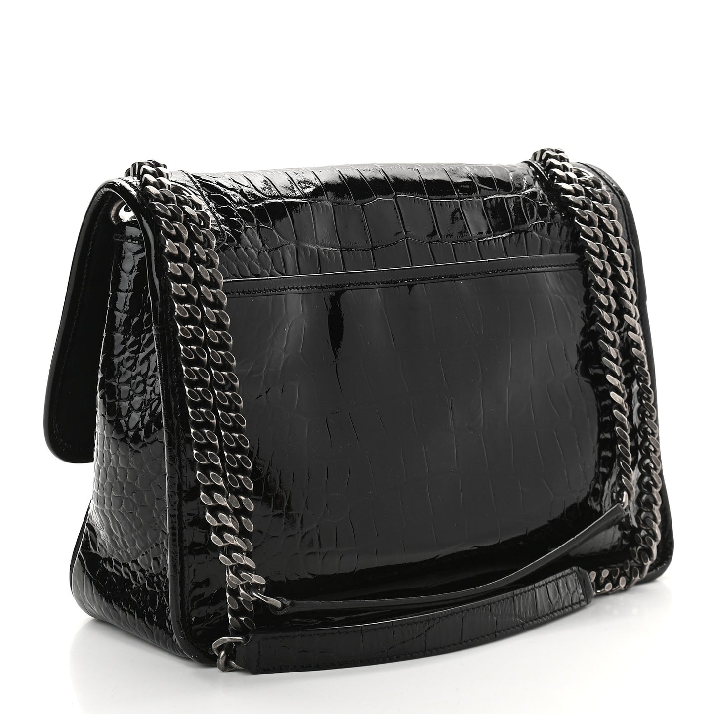 Patent Crocodile Embossed Lambskin Monogram Medium Niki Chain Satchel Black