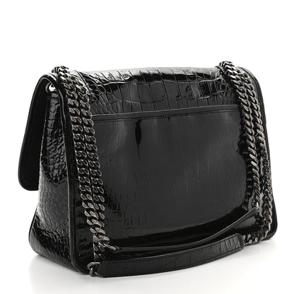 Saint Laurent Patent Crocodile Embossed Lambskin Monogram Medium Niki Chain Satchel Black 3 of 9