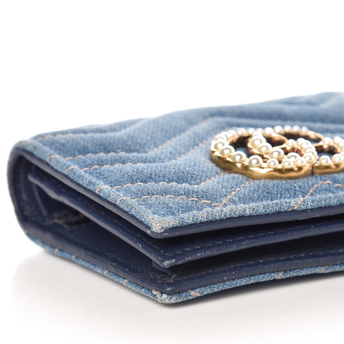 Denim Matelasse Pearly GG Marmont Card Case Wallet Blue