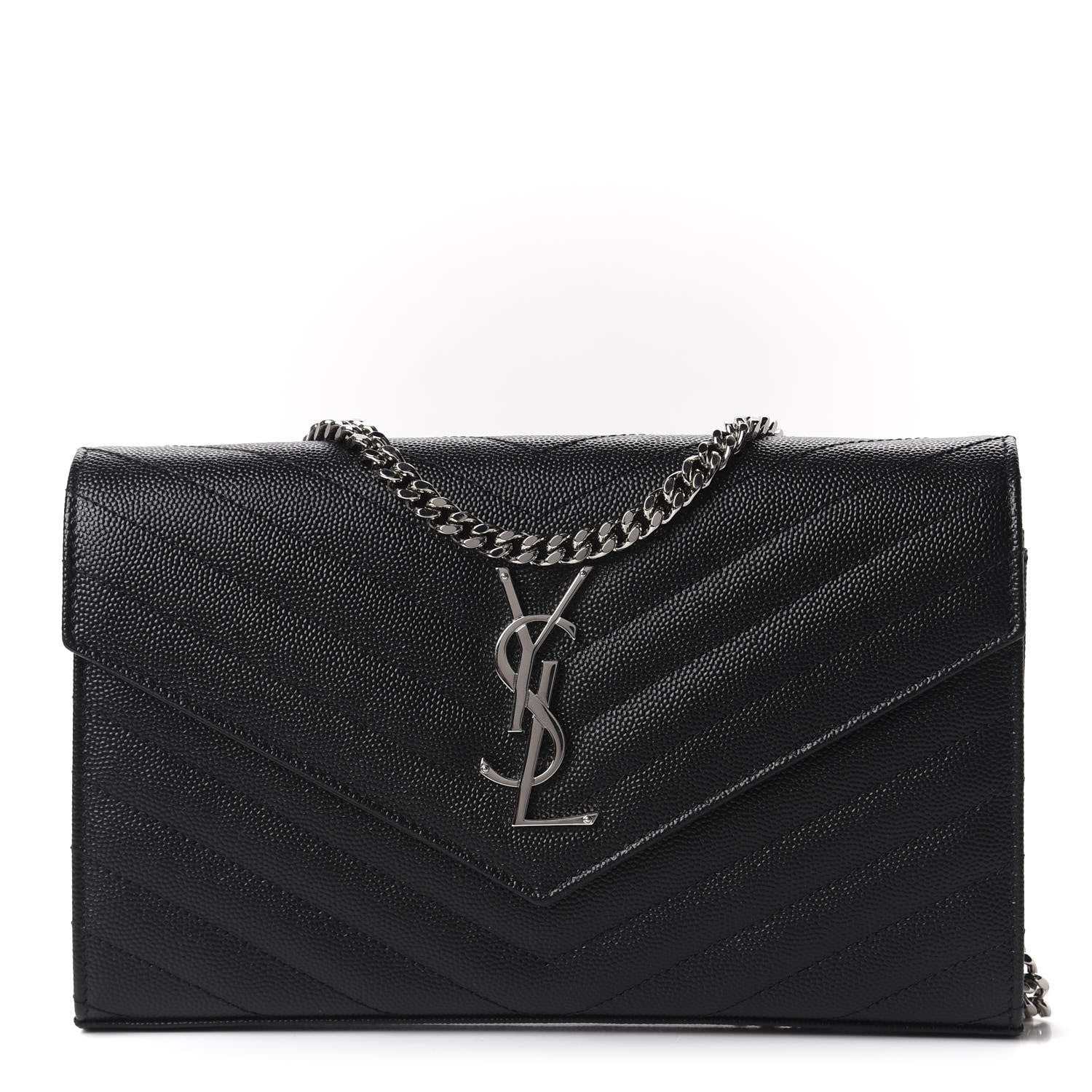 Saint Laurent Grain De Poudre Matelasse Chevron Monogram Chain Wallet Black 1 of 9