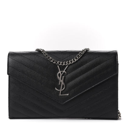 Saint Laurent Grain De Poudre Matelasse Chevron Monogram Chain Wallet Black 1 of 9