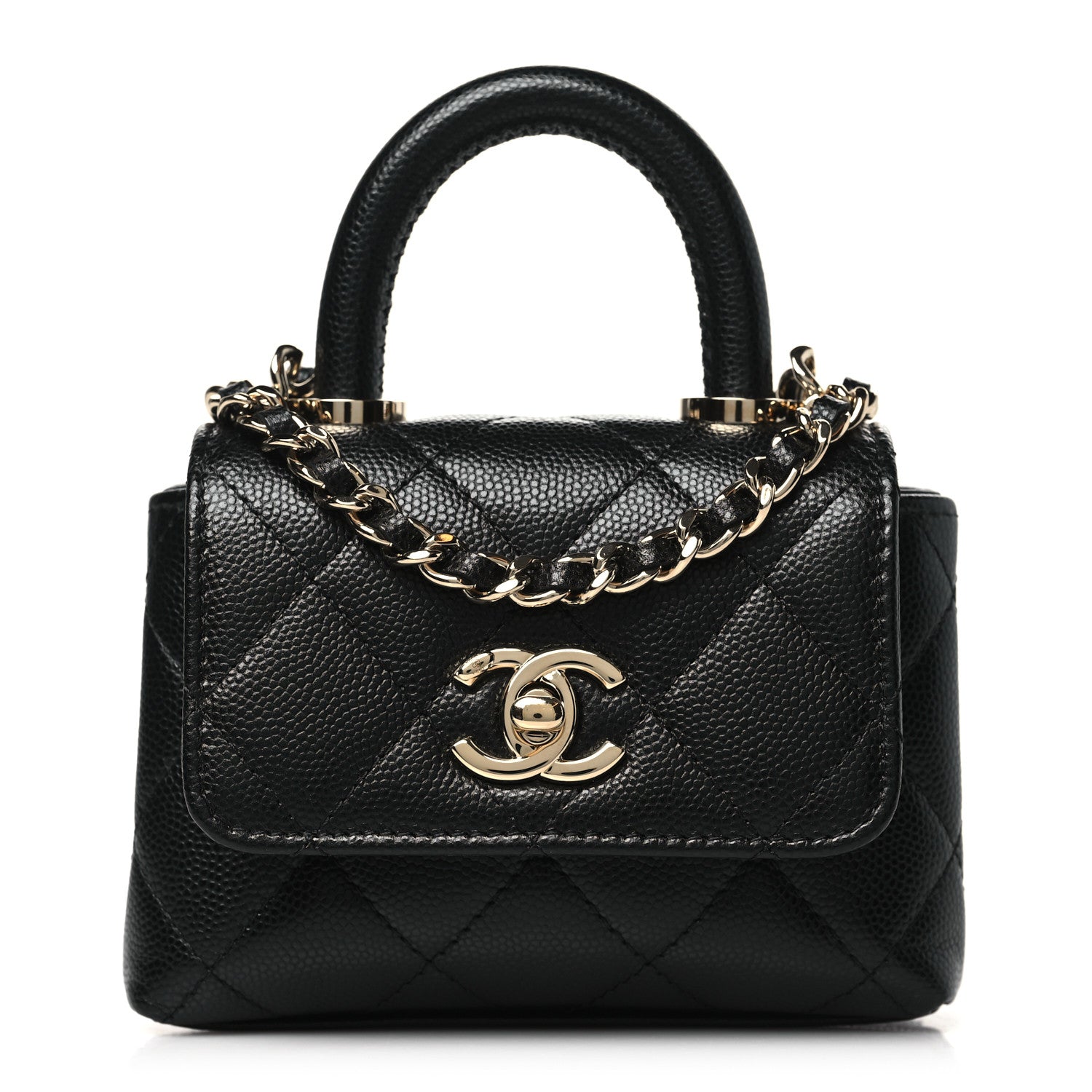 Chanel Caviar Quilted Nano Coco Handle Clutch With Chain Black