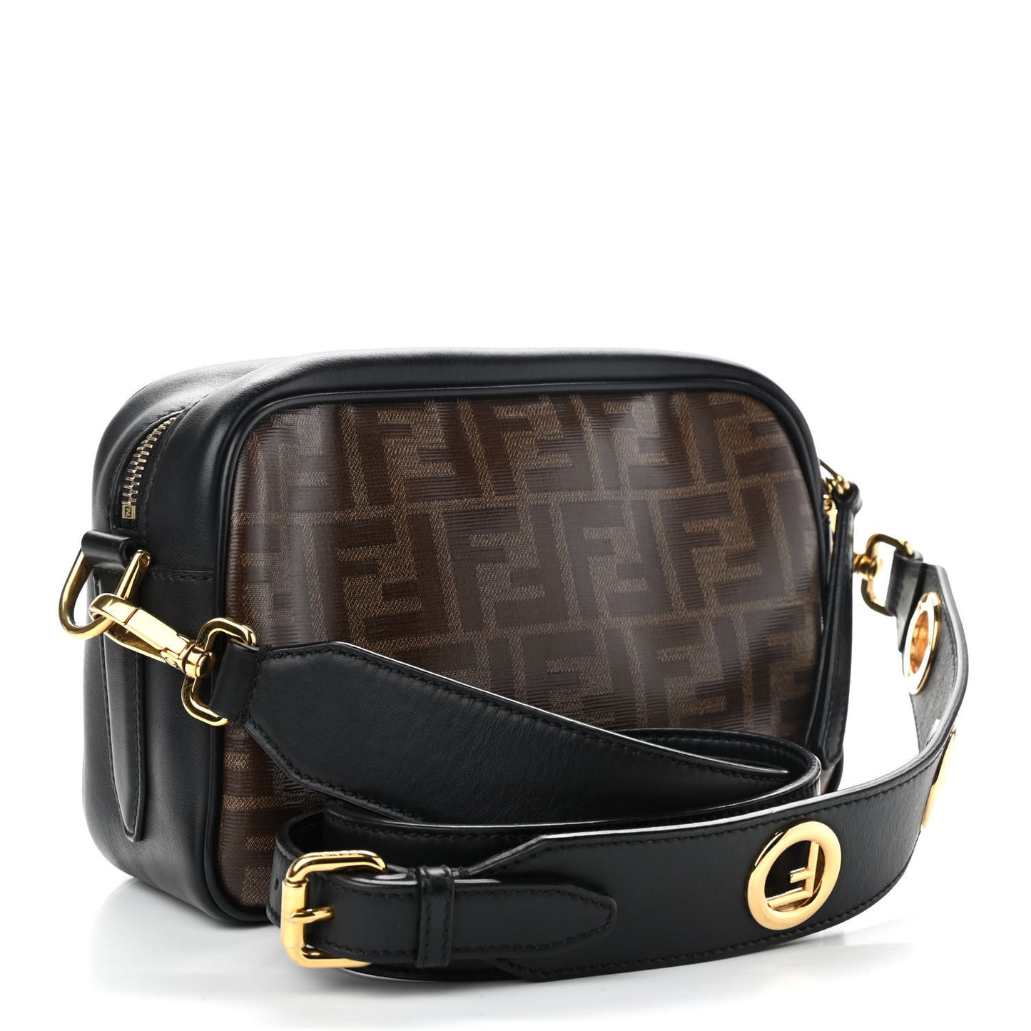 Glazed Fabric Vitello Century F is Fendi FF 1974 Stamp Patch Camera Case Mogano Panna Black
