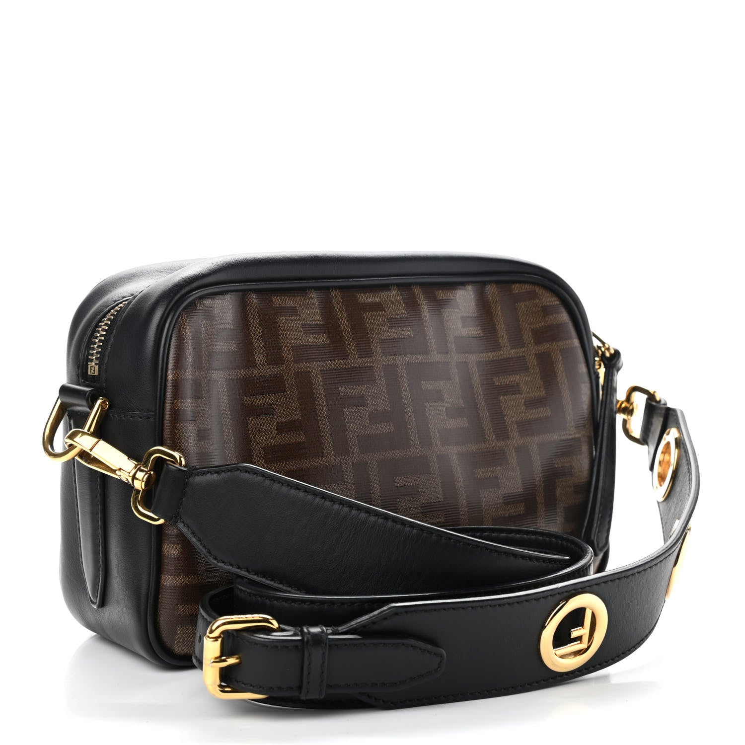 Fendi Glazed Fabric Vitello Century F is Fendi FF 1974 Stamp Patch Camera Case Mogano Panna Black 3 of 9