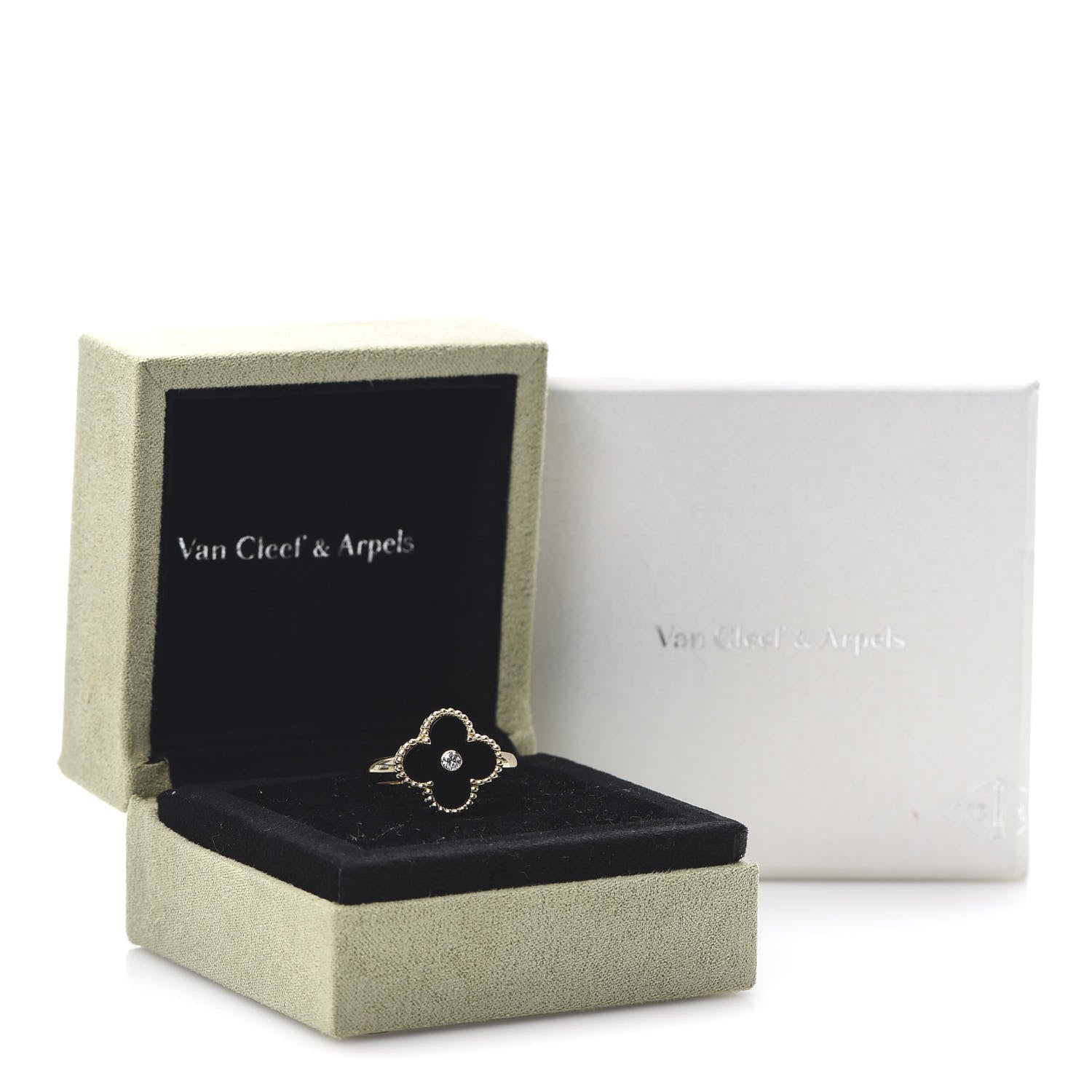 Van Cleef & Arpels 18K Yellow Gold Diamond Black Onyx Vintage Alhambra Ring 56 7.75 7 of 7