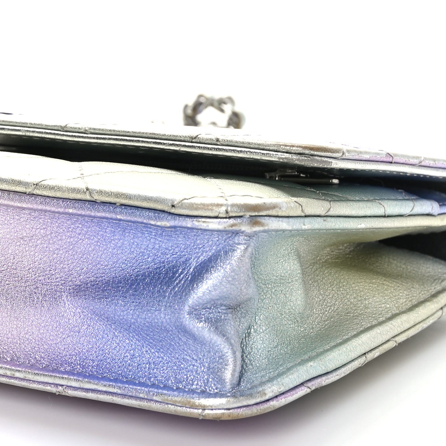 Gradient Metallic Calfskin Quilted Wallet On Chain WOC Silver Blue Yellow Purple