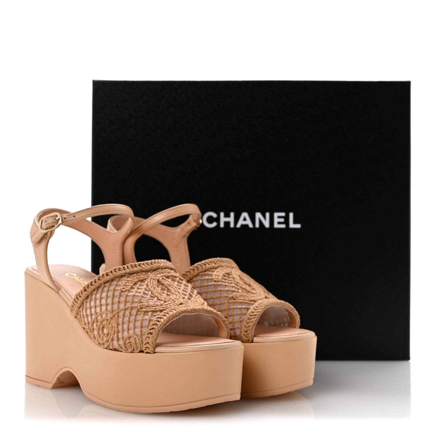 Chanel Fabric Calfskin CC Platform Sandals 37 Beige 10 of 10