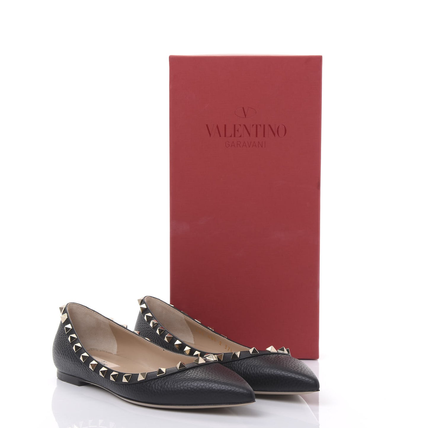 Pebbled Calfskin Rockstud Ballerina Flats 37.5 Black