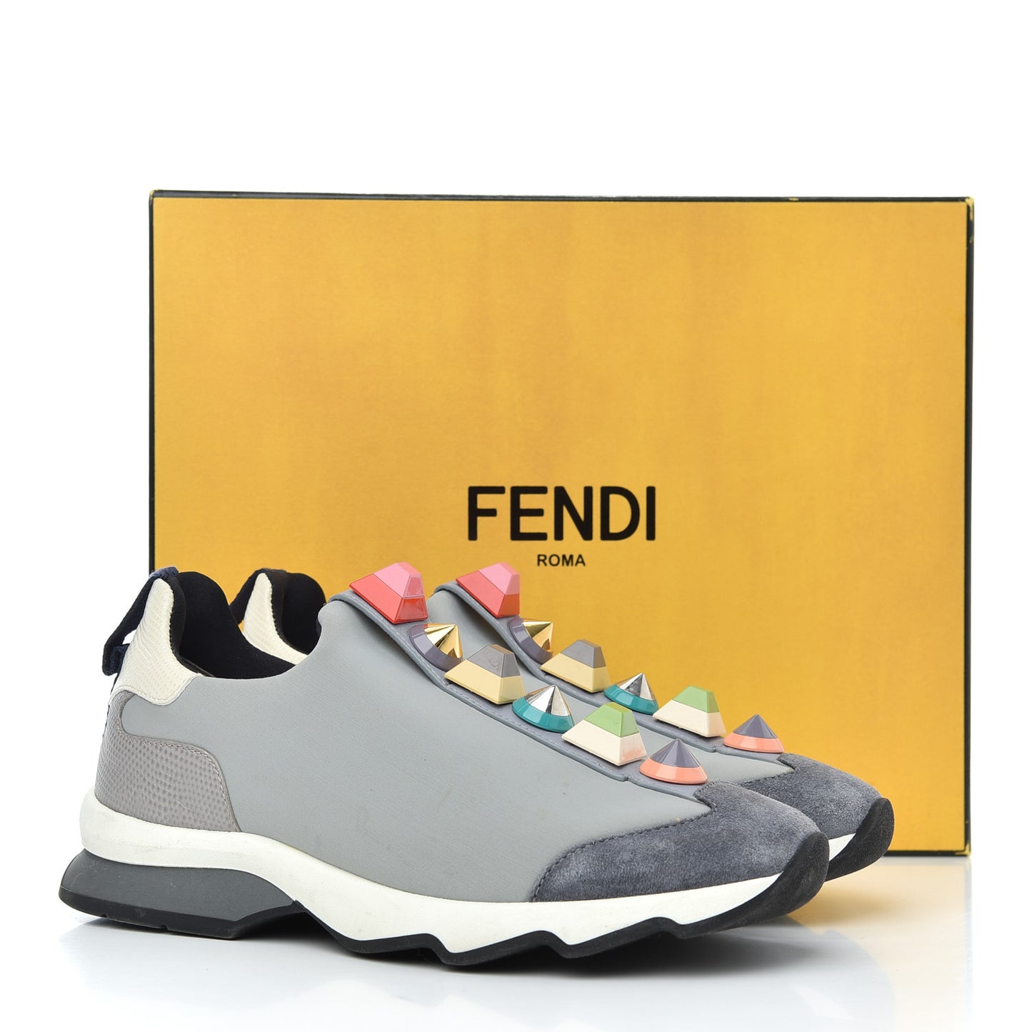 Neoprene Calfskin Rainbow Studded Sneaker 35.5 Gray
