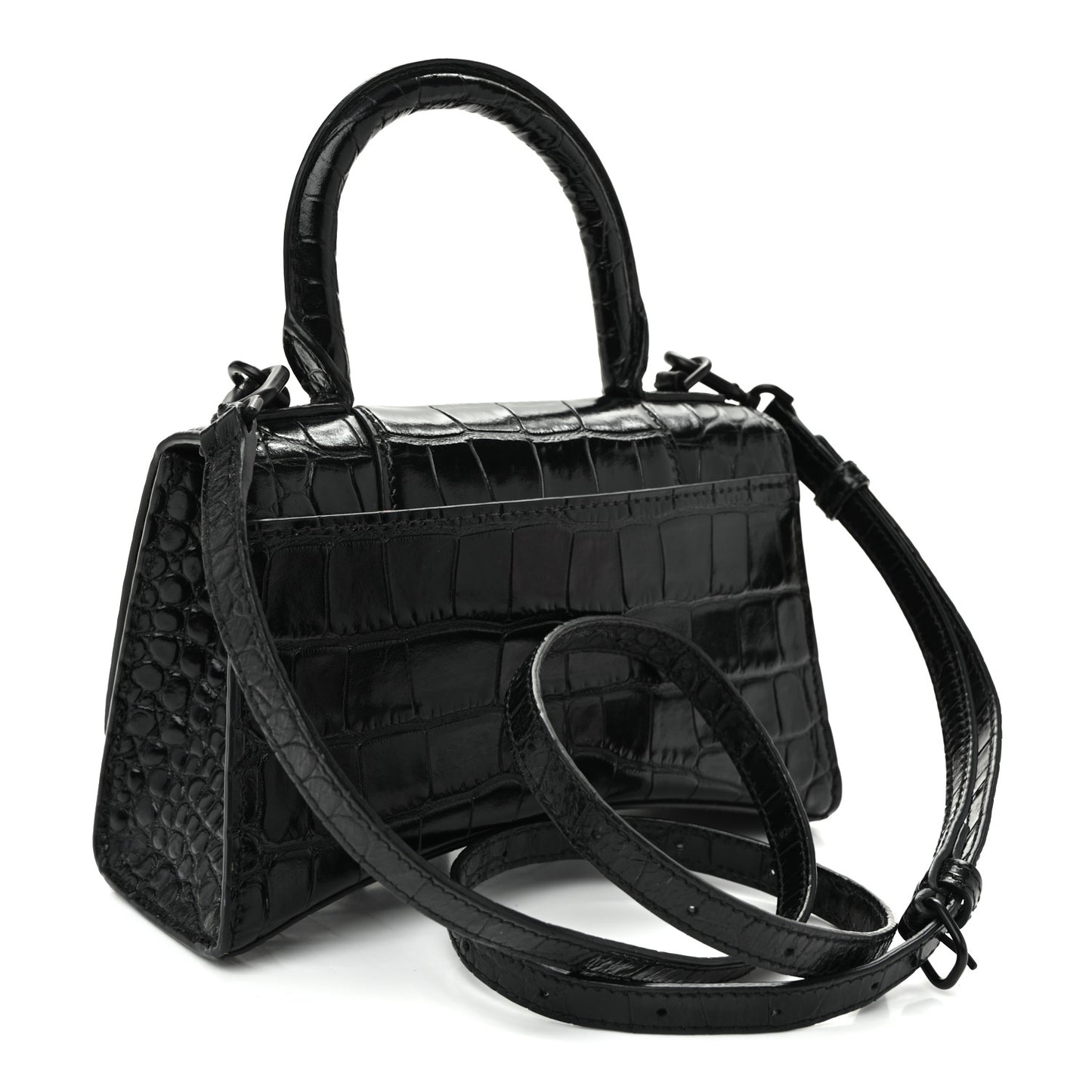 Shiny Calfskin Monochrome Crocodile Embossed Hourglass Top Handle Bag XS Black