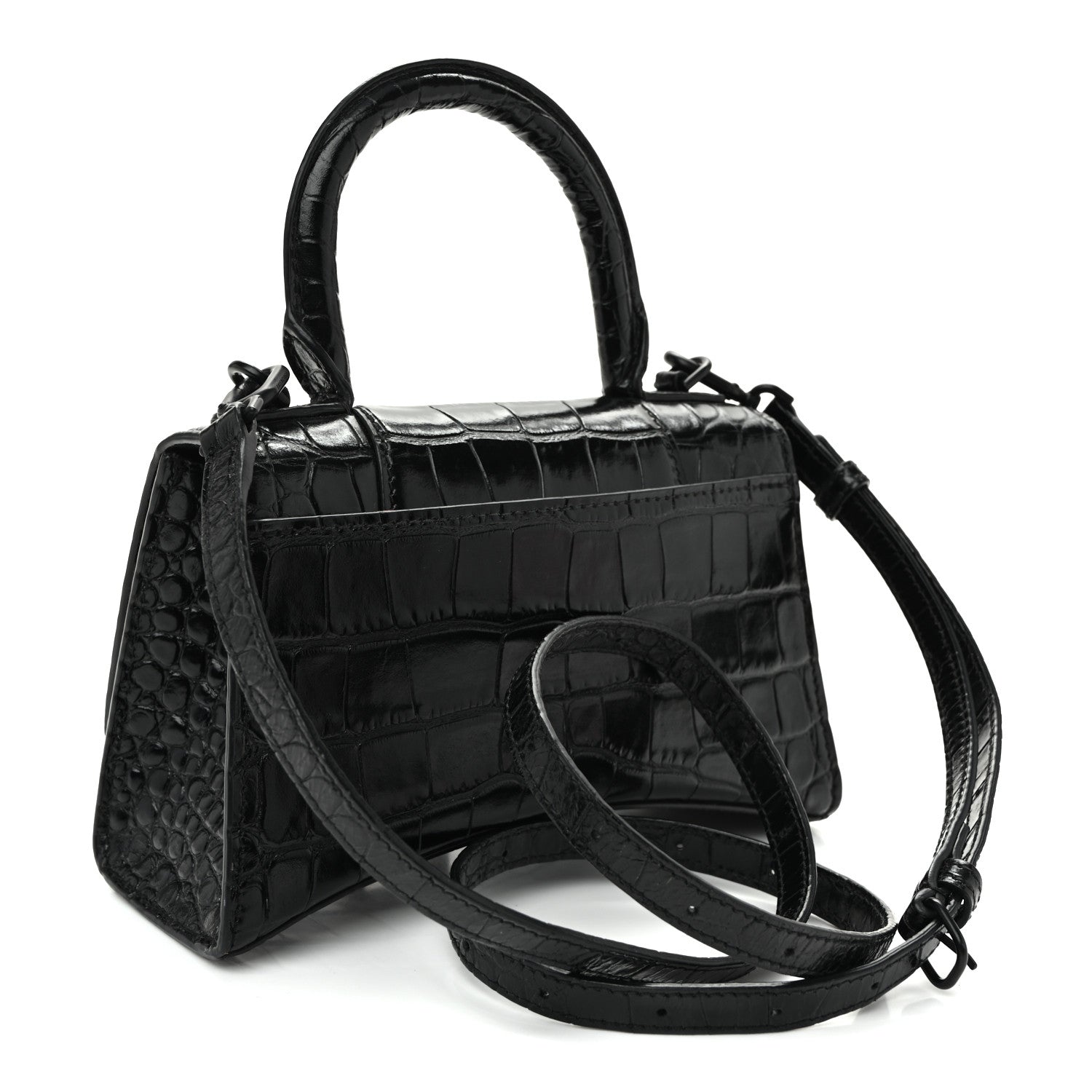 Balenciaga Shiny Calfskin Monochrome Crocodile Embossed Hourglass Top Handle Bag XS Black 3 of 10