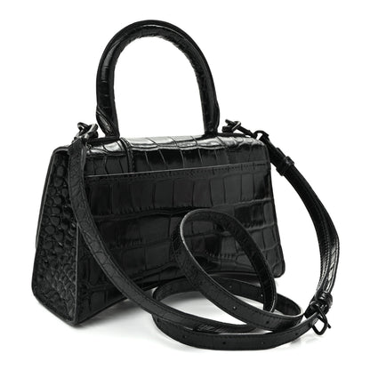 Balenciaga Shiny Calfskin Monochrome Crocodile Embossed Hourglass Top Handle Bag XS Black 3 of 10