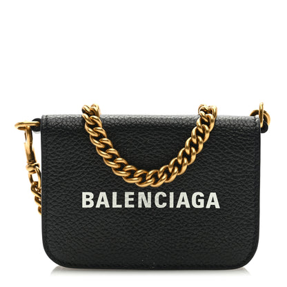 Balenciaga Grained Calfskin Logo Mini Cash Wallet On Chain Black White 1 of 9