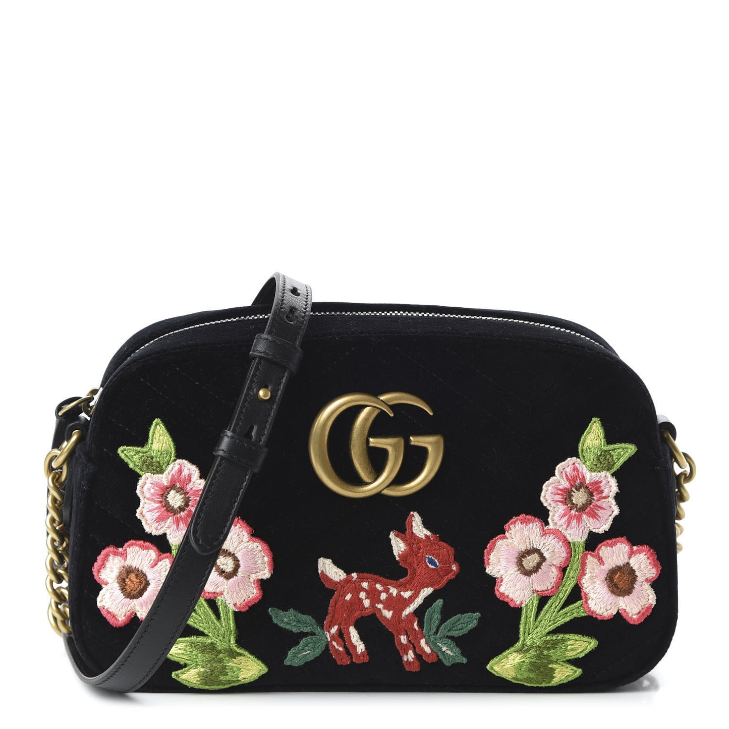 Velvet Matelasse Deer Embroidered Small GG Marmont Chain Shoulder Bag Black