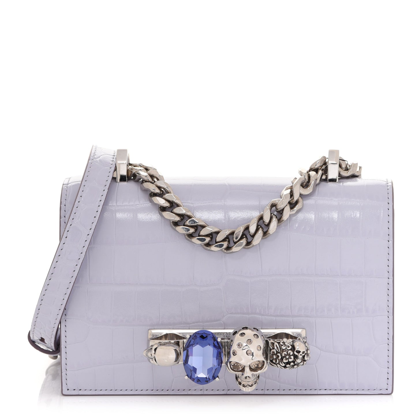 Shiny Crocodile Embossed Jeweled Satchel Lavender