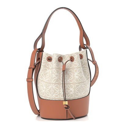 Loewe Calfskin Jacquard Linen Anagram Embroidered Small Balloon Bucket Bag Ecru Tan 1 of 8