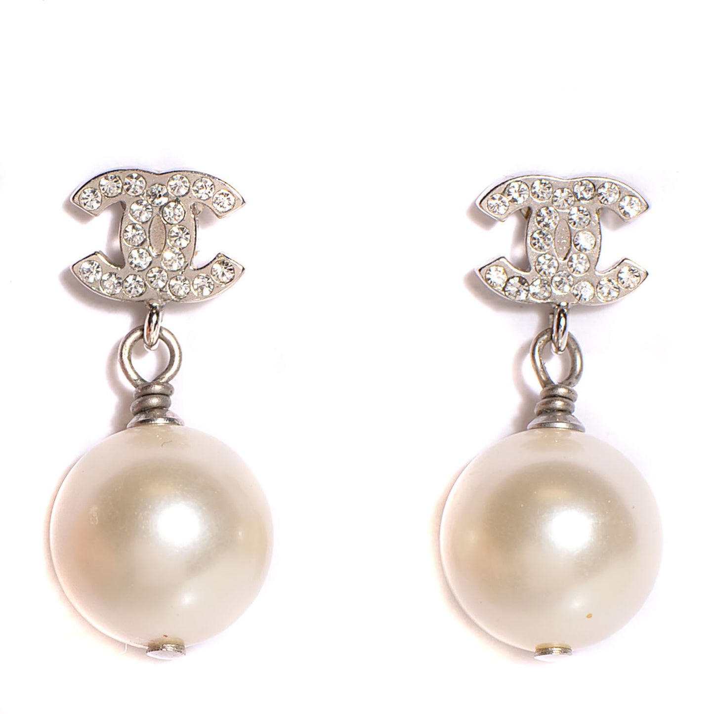 Crystal Pearl CC Drop Earrings Silver