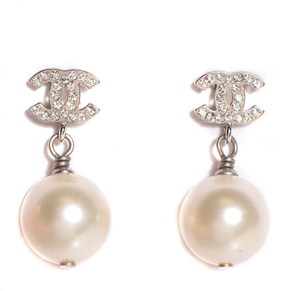 Chanel Crystal Pearl CC Drop Earrings Silver 1 of 5