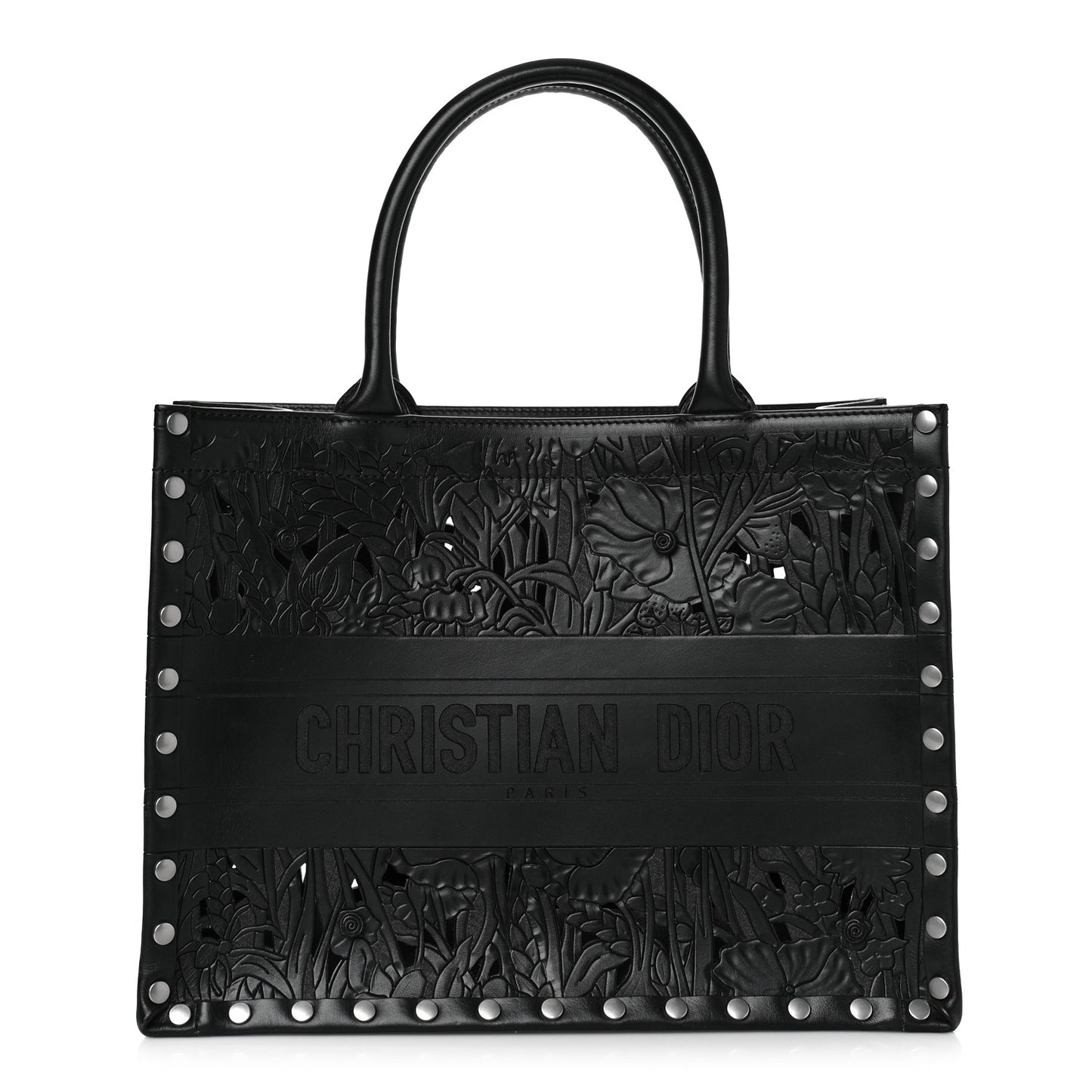 Calfskin Laser Cut Studded Medium Book Tote Black