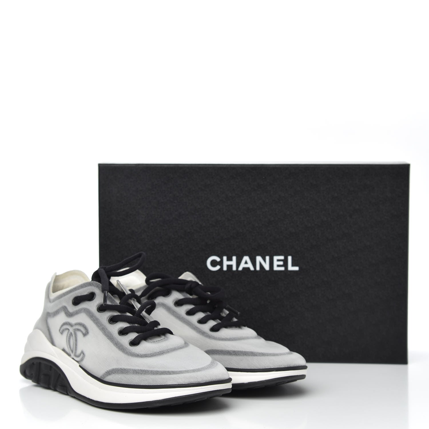 Chanel Calfskin Mesh Lycra Womens Logo Sneakers 38.5 White Black 8 of 8