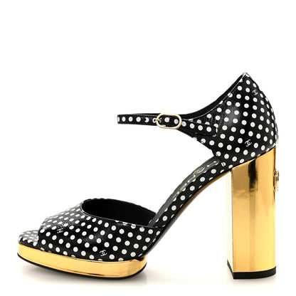 Chanel Printed Calfskin Polka Dot CC Platform Sandals 37 Black White 1 of 9
