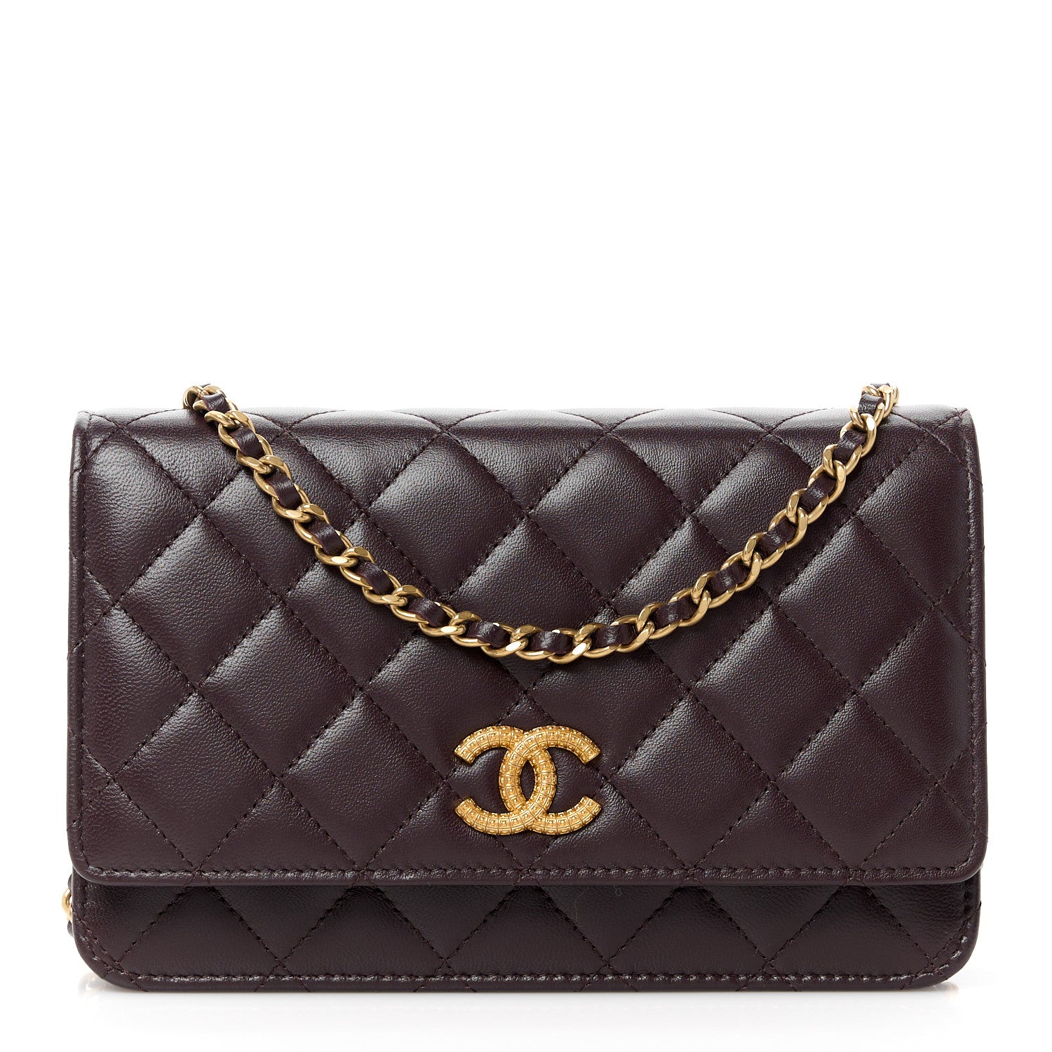 Chanel Lambskin Quilted Studded CC Wallet On Chain WOC Brown 1 of 12