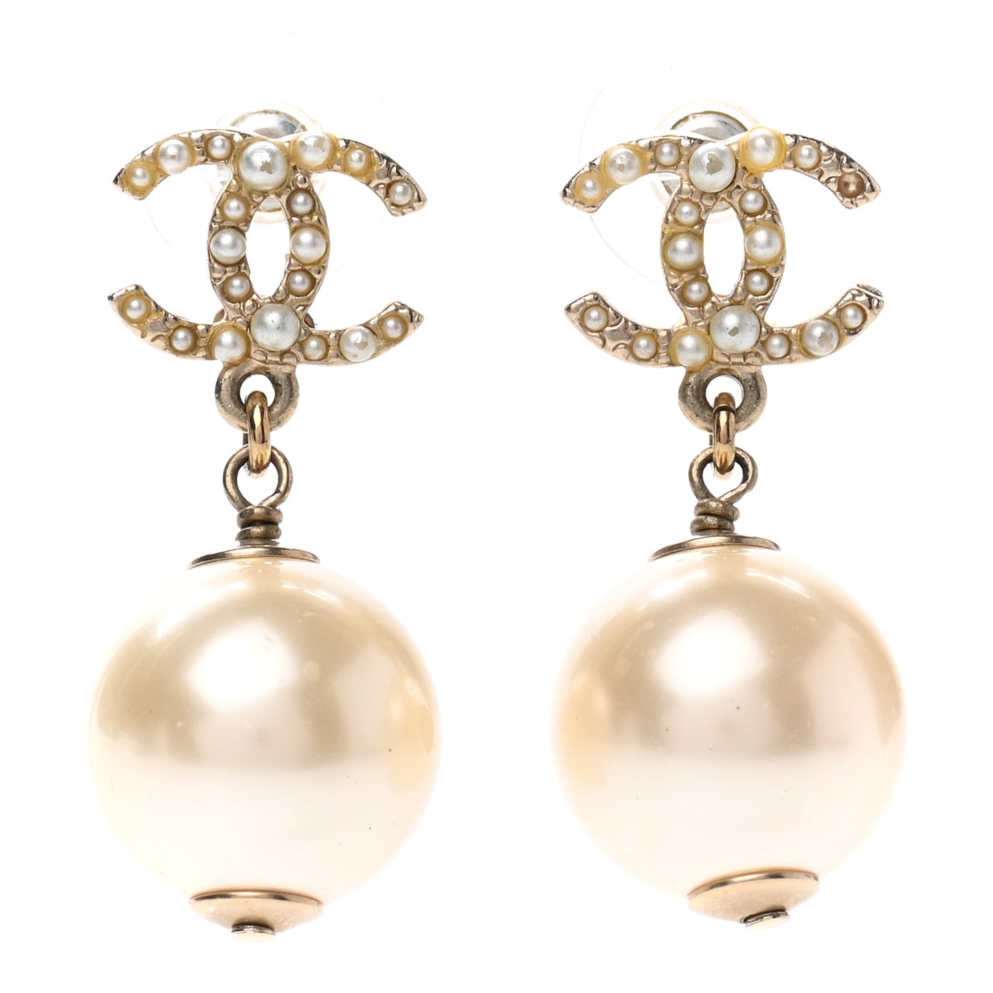 Pearl Crystal CC Charm Drop Earrings Light Gold