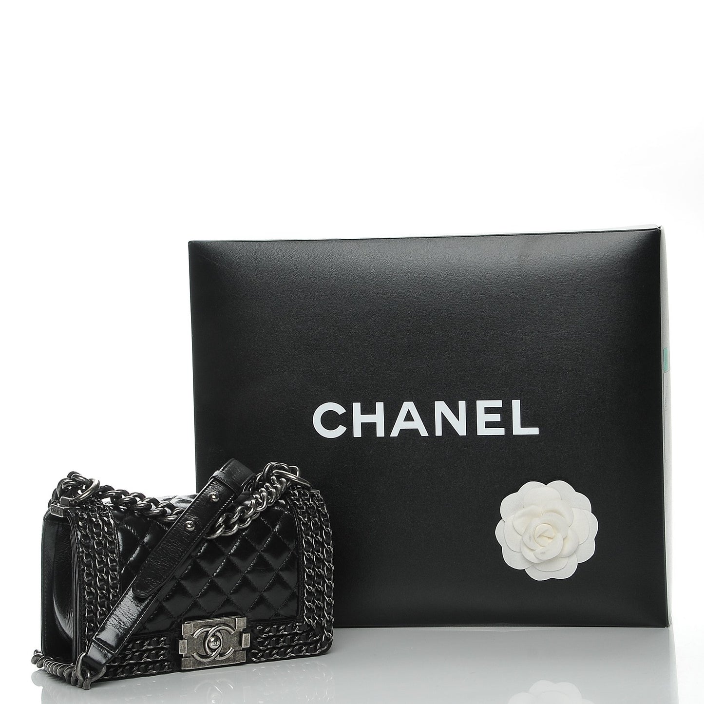 Glazed Calfskin Small Boy Chained Flap Black