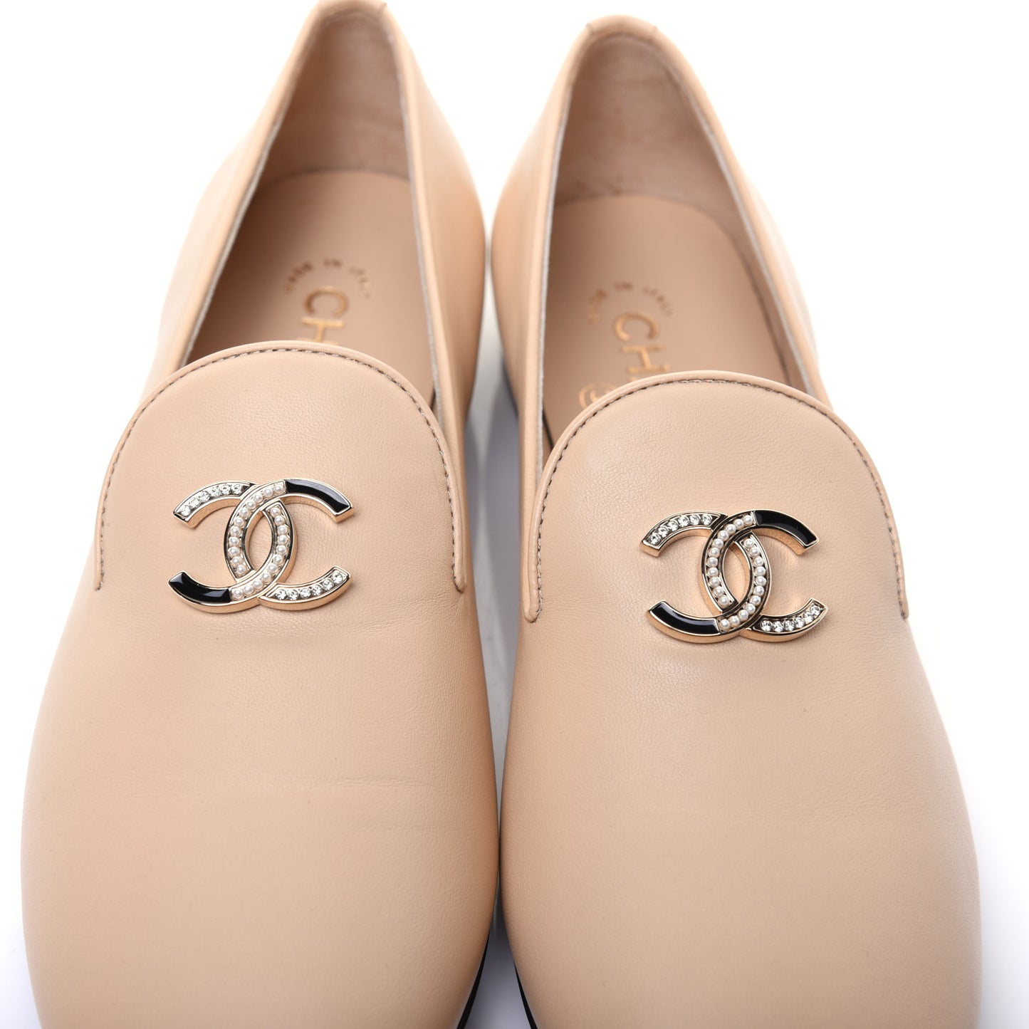 Enamel Pearl Crystal Lambskin CC Moccasin Loafers 37 Beige