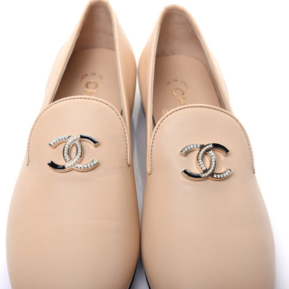 Chanel Enamel Pearl Crystal Lambskin CC Moccasin Loafers 37 Beige 10 of 12