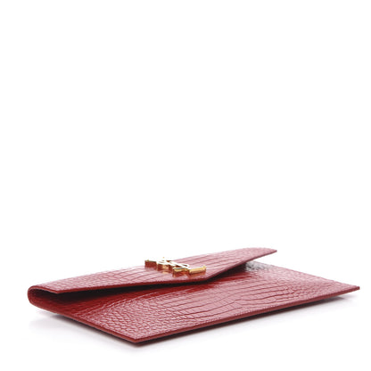 Saint Laurent Calfskin Crocodile Embossed Uptown Monogram Clutch Rouge Eros 3 of 10