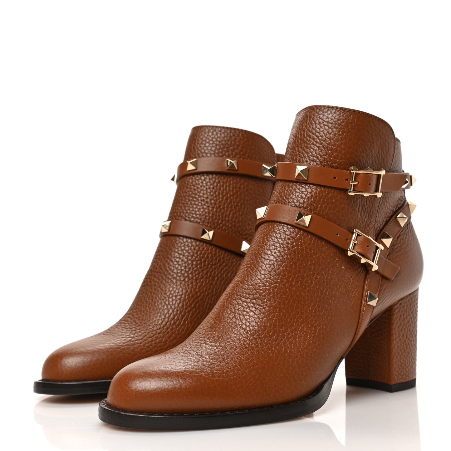 Pebbled Calfskin Rockstud Double Buckle 70mm Block Heel Ankle Boots 36 Bright Cognac