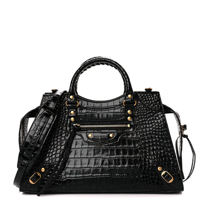 Balenciaga Shiny Supple Calfskin Crocodile Embossed Brass Hardware Neo Classic City Black 1 of 10