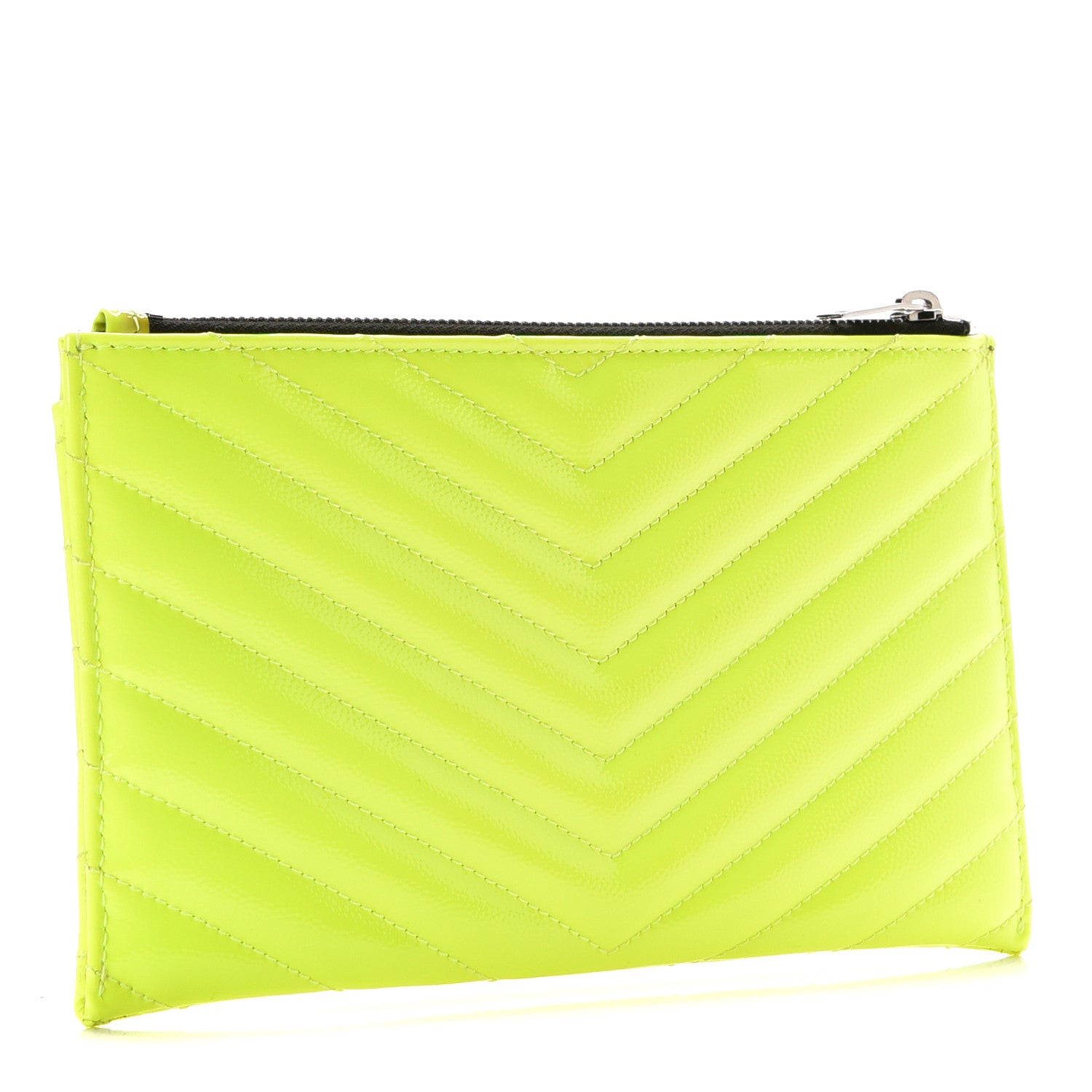 Saint Laurent Patent Grain De Poudre Matelasse Chevron Monogram Bill Pouch Neon Yellow 2 of 6