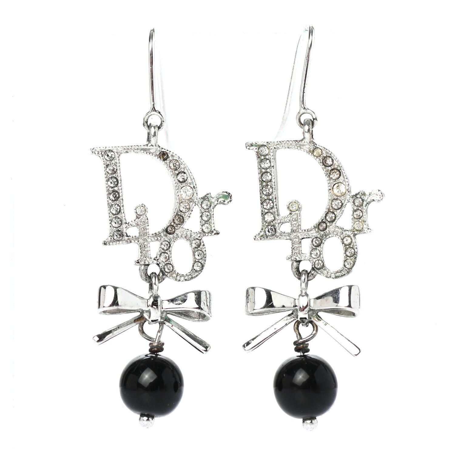Christian Dior Crystal Logo Bow Drop Earrings Black 2 of 6