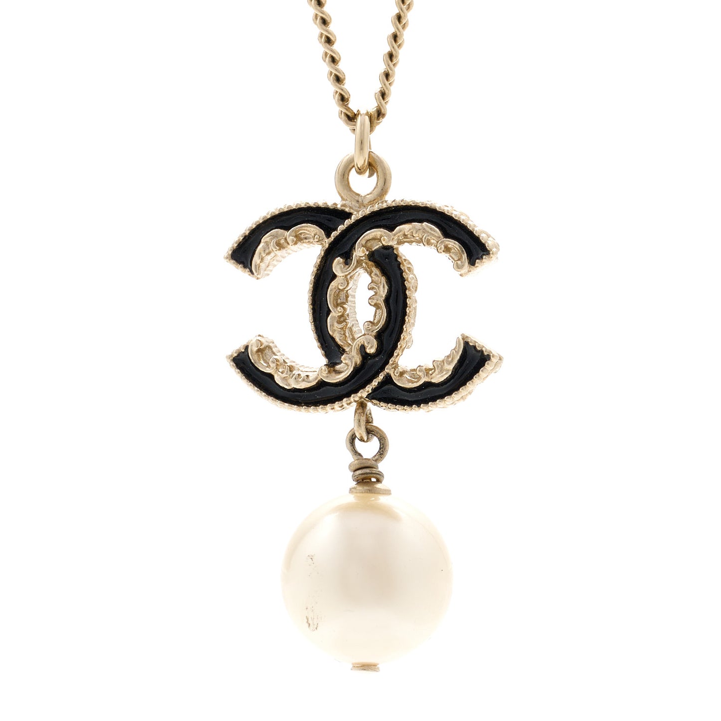 Enamel Pearl CC Baroque Drop Necklace Black Gold
