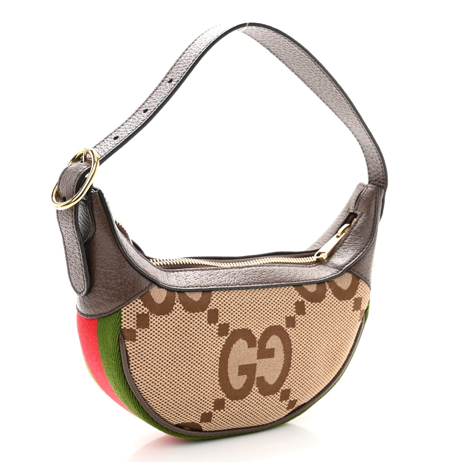 Gucci Monogram Jumbo GG Textured Dollar Calfskin Web Mini Ophidia Half Moon Hobo Camel Ebony New Acero 3 of 9